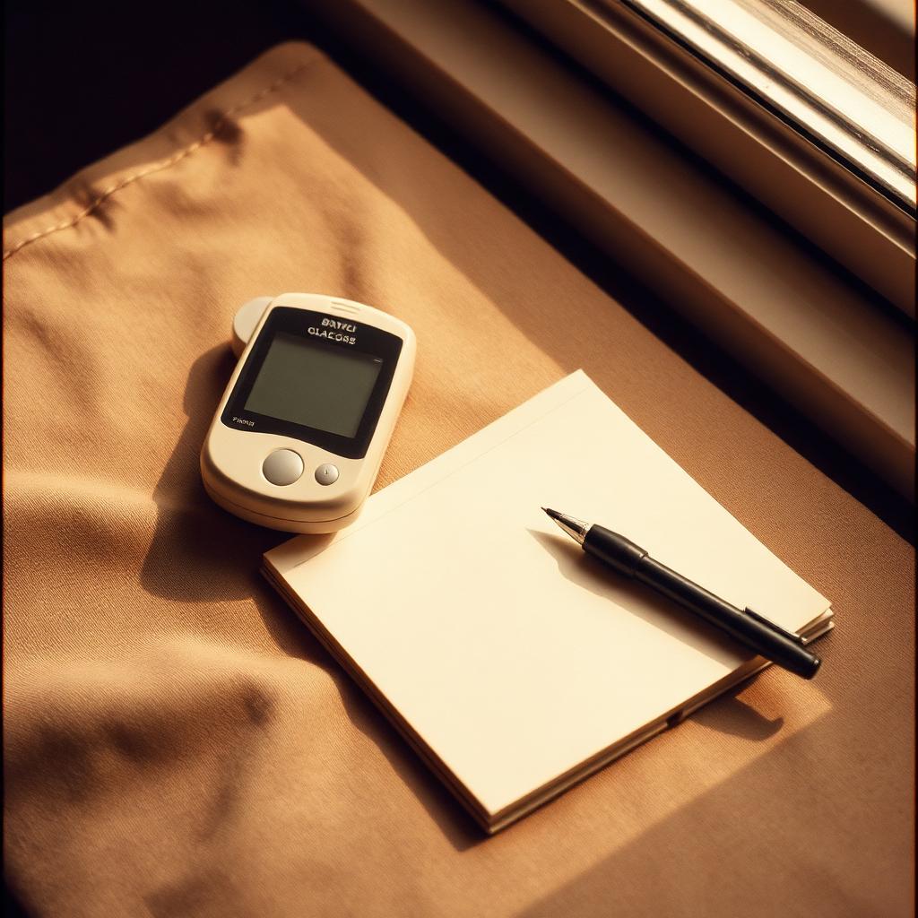 Continuous glucose monitor readout beside a handwritten notebook