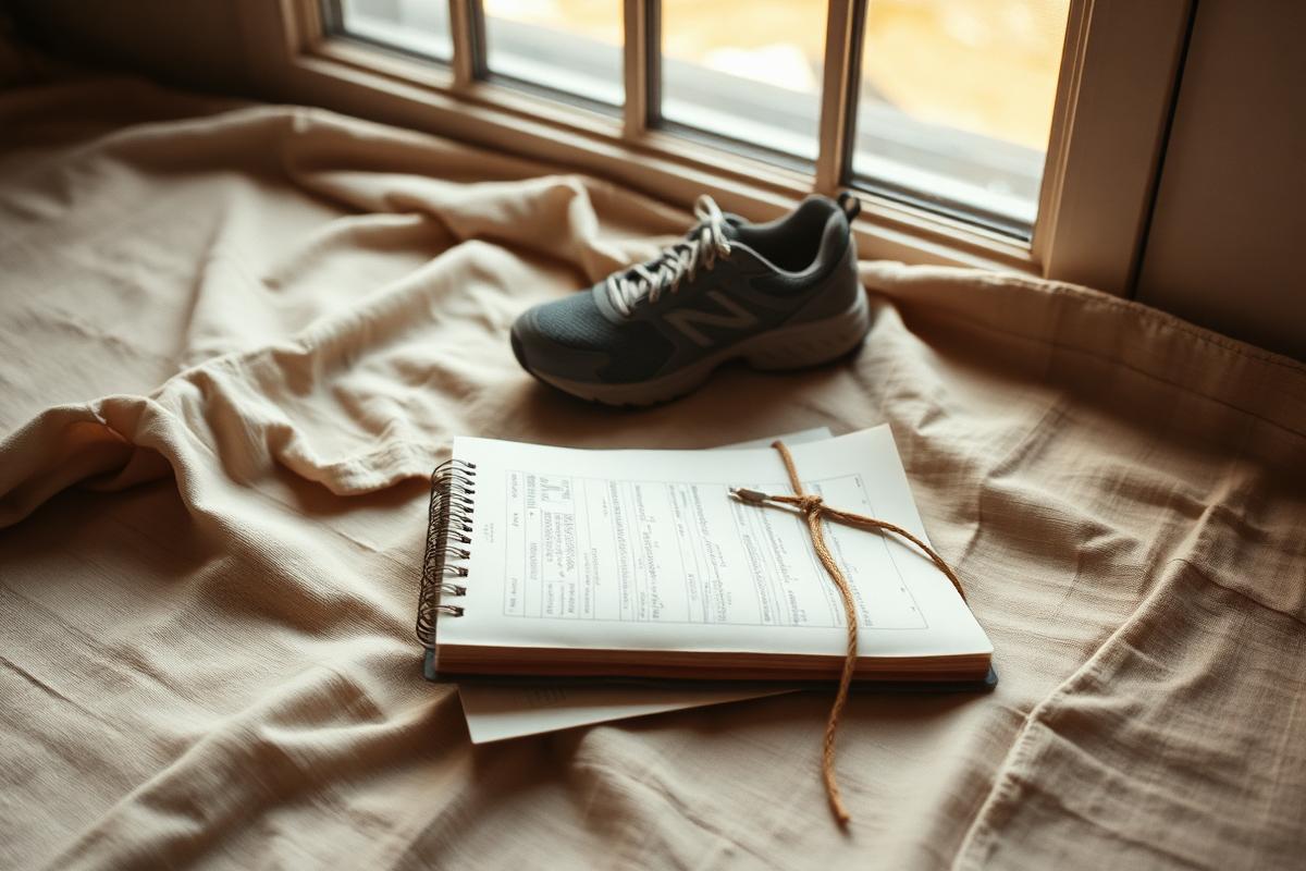 Running shoes and a heart rate strap on a wooden bench